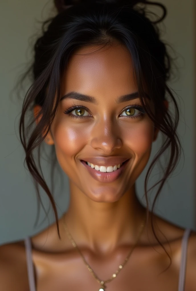 Create the image of a mulatto or dark-skinned woman, of Filipino roots called Kiara, she is a model with green eyes and a beautiful smile
