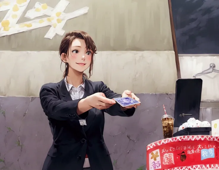 woman in business attire holding a card in front of a sign, by Kanō Tanyū, by Nishida Shunei, by Unkoku Togan, tsugumi ohba, by Unichi Hiratsuka, nishimiya shouko, sun is shining, by Yokoyama Taikan, yayoi kasuma