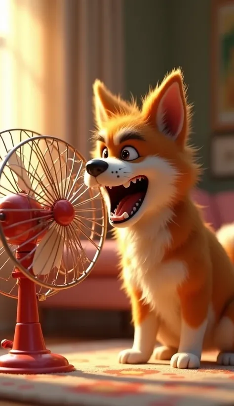 a very detailed 3D representation, Vibrant of an angry adult dog, with its fluffy and dynamic fur, biting the blades of an old-fashioned fan in the cozy living room of his home, illuminated by a light that accentuates the dog&#39;s expression. Angry facial...