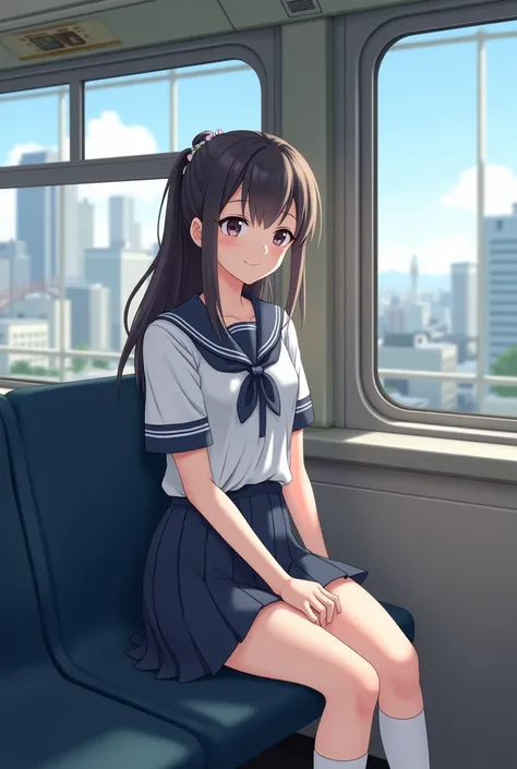 A photo of a 1 Japanese attractive girl with a cute, with a little smile, full body, sitting on a train in Tokyo. She is wearing a university student uniformand has her hair tied back in a ponytail. She is wearing white  knee-high socks. The photo has a hi...