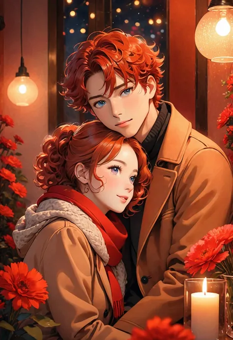 The photo shows a couple sitting close together, in an intimate and warm atmosphere. The young man has red hair. His eyes are red and the second orange. The person on the left is wearing a stylish camel-colored coat and a red scarf, and has pink curly hair...