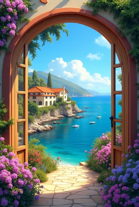 Full of flowers、Spanish arch window in a coastal cove、Orange roof house、Cobalt blue sky and sea、Boats floating nearby。 