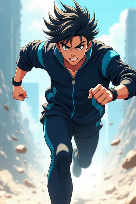 Young man, by the blue, black clothes, in running pose, anime style 