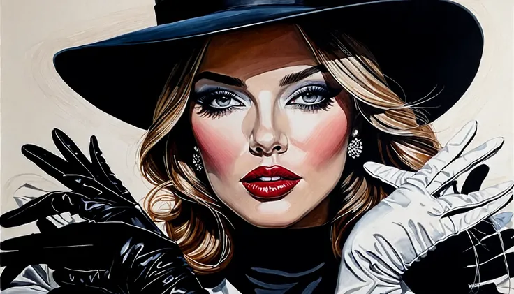 a close up of a painting of a woman with a hat and gloves, by Charles Roka, inspired by Sandra Chevrier, by Dave Kendall, sandra chevrier : : portrait, luxury fashion illustration, by John Alexander, by Pat Adams, by Paul Davis, otto schmidt, by Jack Boul,...