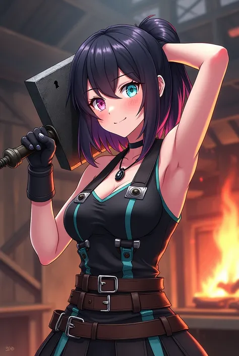 Anime style design of a strong young woman, with black hair and pink patel, with one eye bright pastel pink and the other eye bright turquoise, dressed as a medieval blacksmith forger in black colors, browns and pinks with dark turquoise mostly, with detai...