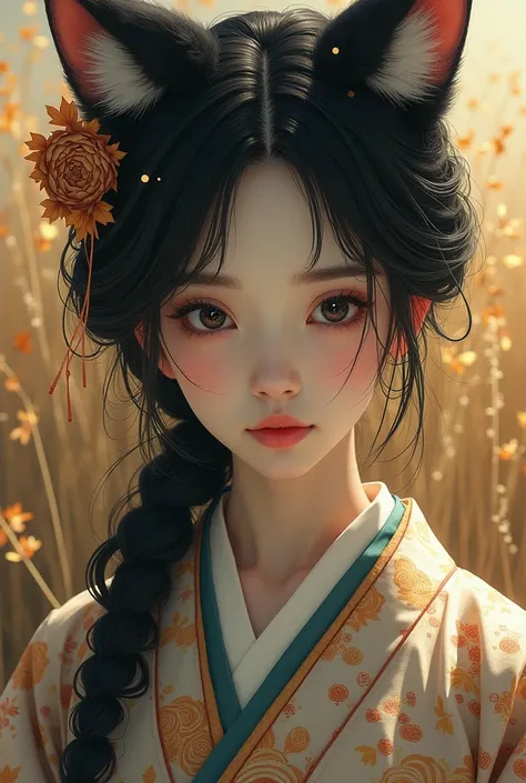 One lady, kimono,Big black eyes,I am looking at you, Gold and silver Japanese silver grass,Signs of Autumn,
Sparkling eyes, Chest, Fox Ears, 