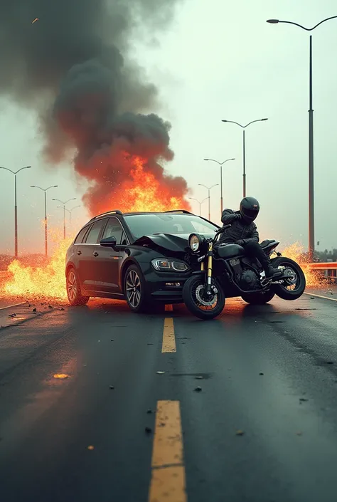 MotorBike and car crushing accident on the highway 