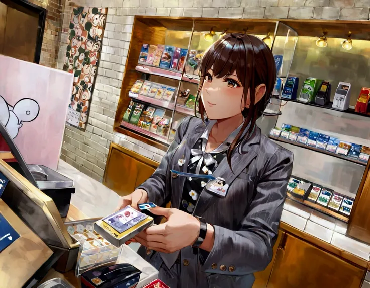 woman in a gray jacket holding a card and a credit card, at the counter, japanese maid cafe, sakimichan, japanese akihabara cafe, at checkout, tsutomo nihie, by Yasushi Sugiyama, by Oka Yasutomo, customer, けもの, convenience store, by Tsubasa Nakai