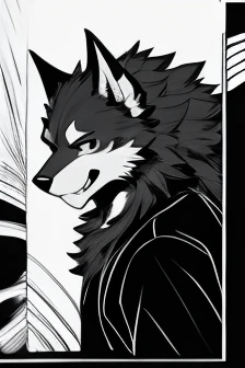 目の前にmeatがある狼男、No background color、Black and White、Monochrome、whole body、Black shirt werewolf、cute、happy、meat、meathappyな狼男、