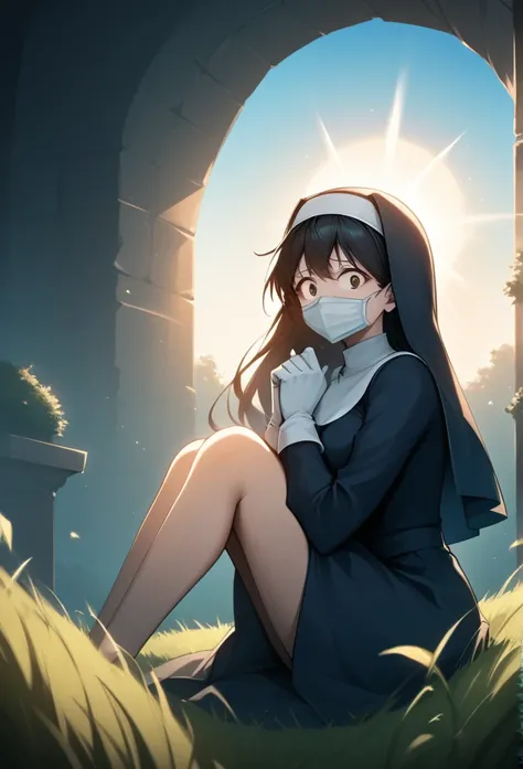 masterpiece, best quality, highly detailed, score_9, score_8_up, score_7_up, score_6_up ,source_Anime, llustration, cinematic light, dramatic shading, sun rising, good lighting, volumetric lighting, backlighting, light rays, 1girl, sitting on the grass, du...