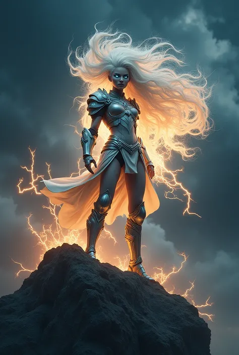 real photo. realistic. la guardiana del trueno Calidad 4k, Woman with wild white hair crackling with energy, fierce blue eyes, using armor that channels electricity, with lightning motifs through it, standing on top of a mountain with thunder clouds swirli...