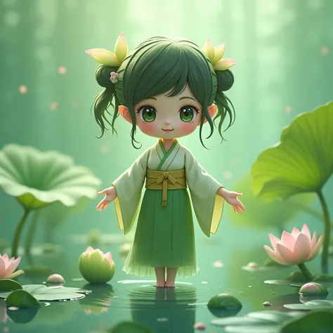 A cute girl character with a 2:1 scale figure, personified from a lotus leaf. No flowers needed.。Wearing a kimono。Their ears are small like humans&#39;。