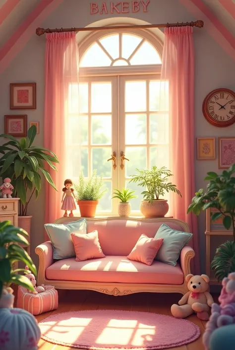 girls room, french window, sofa, wall clock, pastel colors, dolls, toys, Teddy bears, houseplants.              Picture in warm rainbow tones