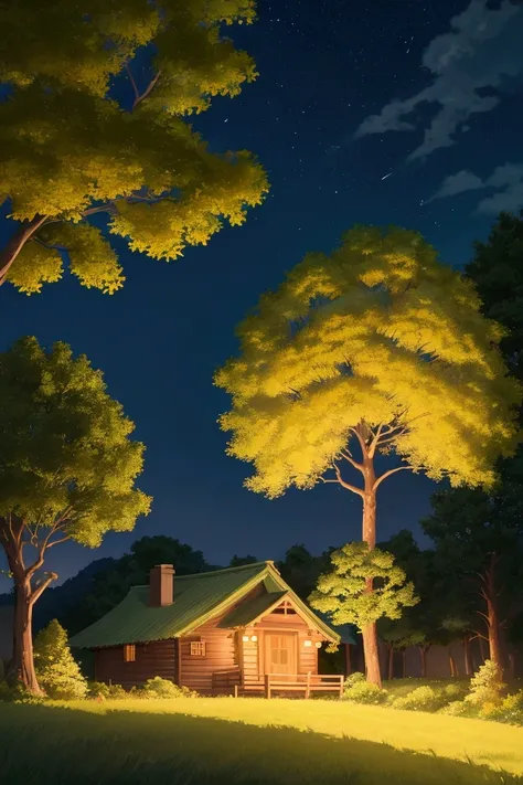 masterpiece!!!! 8k an anime GHIBLI STYLE cabin!!!!! The image shows a serene night scene of a house under a tree, hills, golden clouds, anime lighting, 8k fireflies, grass, night, golden leaves, anime style ghibli, under tree, boil a night sky, clouds anim...