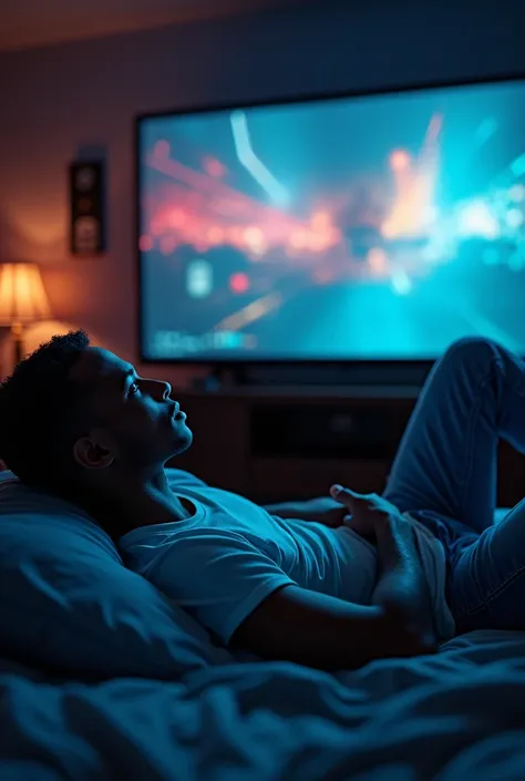 Young black man with short hair laying on bed watching a really big big tv