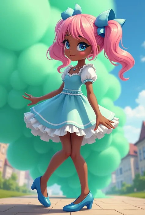 A dark-skinned teenage girl with pastel pink hair wearing a little blue bow dressed as a princess , blue heels and releasing a cloud of green gas coming out of her butt Anime style 