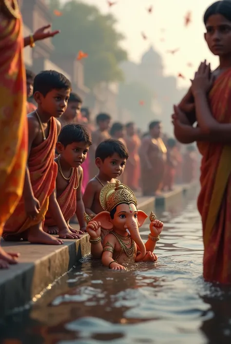 create a 3D realistic picture ganesh chaturthi visarjan, chidren crying the ganpati visarjan in ganga ,smooth lighting 