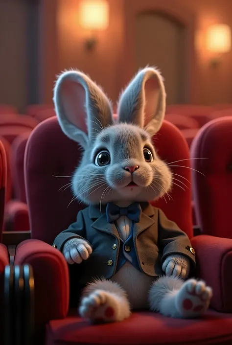 Cute rabbit watching a movie at the cinema