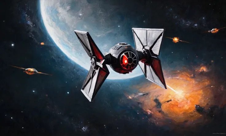 (minimalistportrait) an Imperial Tie Fighter flies through star filled space
