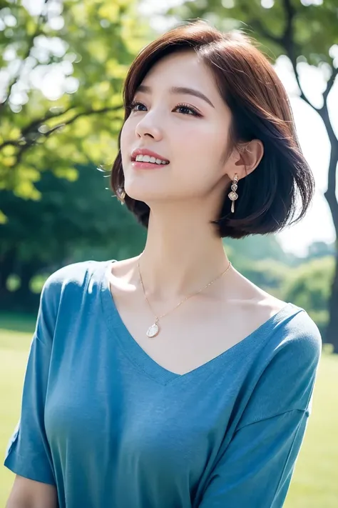 Show me the woman who will amaze everyone.、Grace Kelly-like face、Green grass park、Green tree in the distance々、I can see the blue sky in the distance、White clouds float、1 thin crew neck T-shirt、Nipples visible without a bra、A view from a little below、Short ...