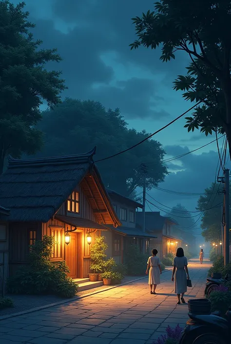 hometown, night, people, thatched house, realistic, tree
