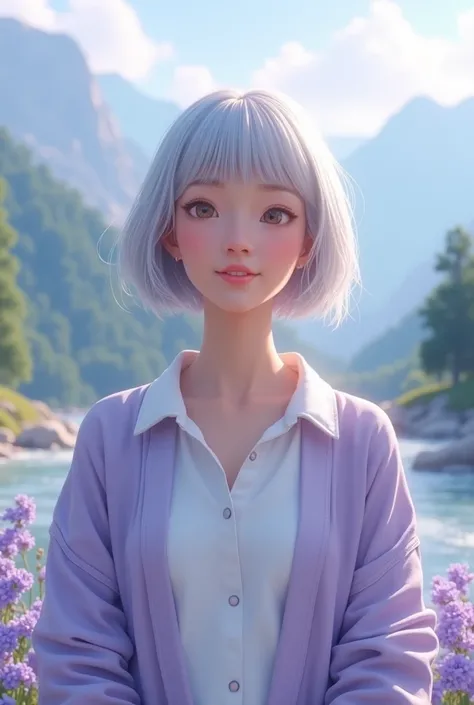 Realistic, beautiful woman 35 years,thin smile, short blunt bob silver hair, wearing white shirt, light purple jacket and dark pants, standing in front of river and mountains, lavender and blue flower, bright sky morning, purple atmosphere 