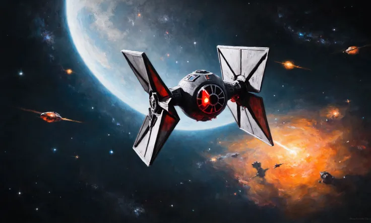 (minimalistportrait) an Imperial Tie Fighter flies through star filled space
