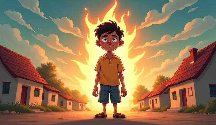 A symbolic image showing Ramesh standing confidently in front of his village and the new school. Behind him, a glowing light represents his journey from darkness to success, symbolizing hope and achievement against all odds. Make a cartoon image of this pr...