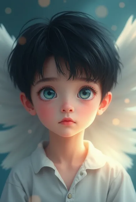 Young boy with black hair and blue eye looking innocent
