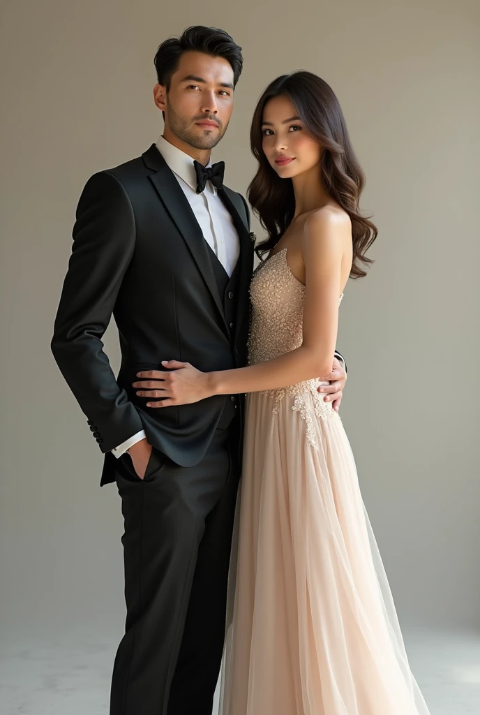 Create real couple standing togather and pose while looking forward and man wearing suit and eoman wearing beautiful gown close view