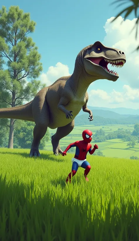 "Spiderman wearing a baby diaper is running scared while being chased by a giant T-Rex, with a wide field of rice paddies in the background, green trees, and a clear blue sky."