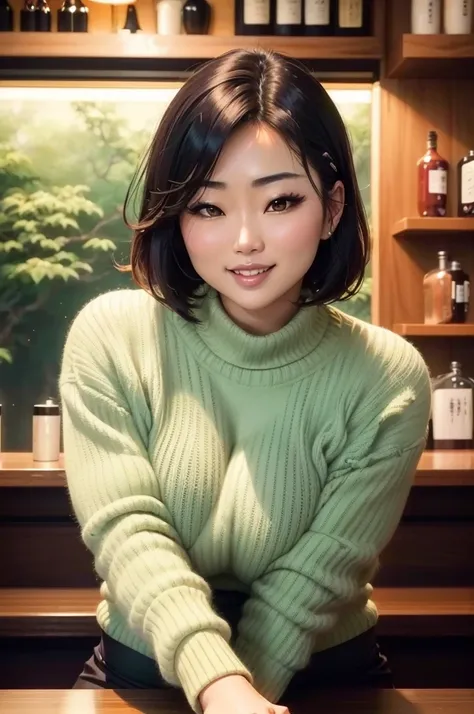 arafed japanese woman sitting at a bar smiling, wearing a green sweater, oppai, buxom chested, with a large breasts, beautiful asian girl, japanese girl, gorgeous japanese model, asian girl, beautiful japanese woman, gorgeous young japanese woman, japanese...