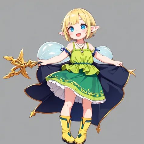 1 fairy elven girl, solo, full body, blonde pixie cut, blue eyes. drooping thin Pointed Ears, smile with open mouth, standing, half-closed eyes, silver necklace, yellow camisole and mini skirt, yellow short boots, simple background