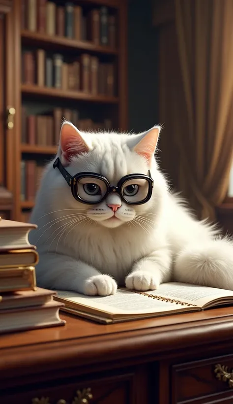 A white realistic floppy rich cat with goggles studying in study table