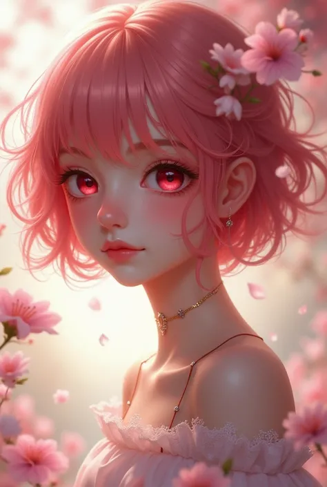 Young girl with short chery pink hair and crimson red eyes looking innocent
