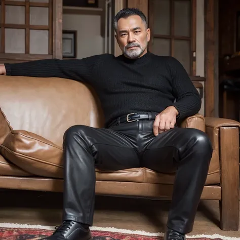 50 years old,Thinning hair man,father、All-black leather、Black work shoes、Mountain hut、Sit on the sofa ,Black Hair、Thinning hair old man、Gay、Muscular、Asian Face　Stubble、The crotch area of your trousers is bulging