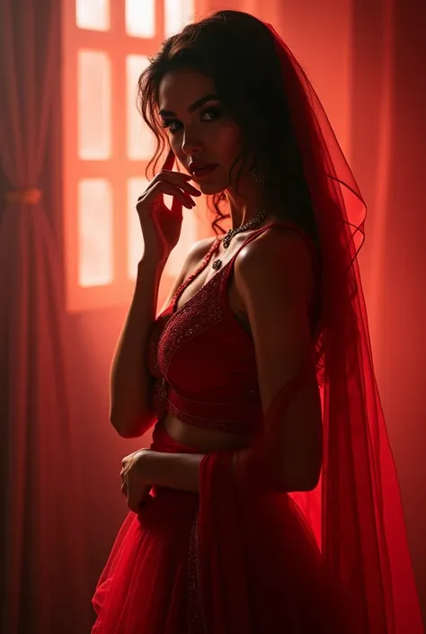 sexy brunette lusty bride in red see through saree twitching her one nipple and feeling herself
