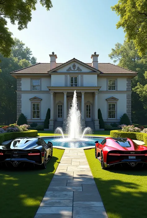 a beautiful mansion having beautiful fountain , and four bugatti chiron standing right side of mansion, and four rolls royce standing left side of mansion.