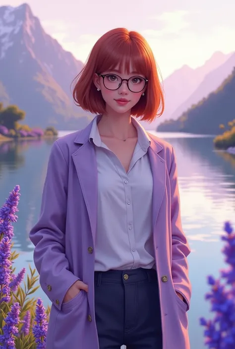 Realistic, beautiful woman 35 years, high blunt bob red-brown hair, wearing eyeglasses, white shirt, light purple jacket and dark pants, standing in front of river and mountains, lavender and blue flower, bright sky morning, purple atmosphere 