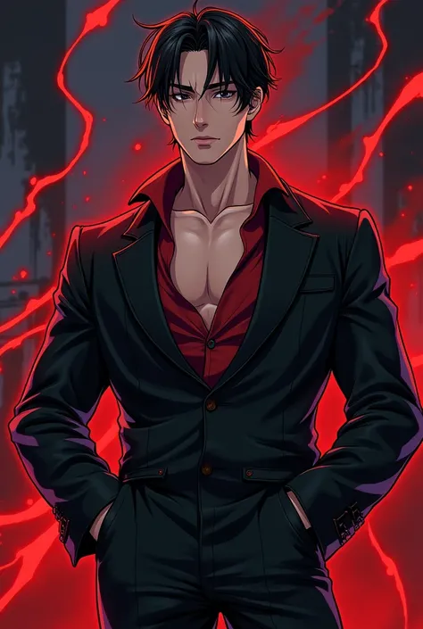 Can you generate a hot 30 yr old hot and muscular manhwa detective in a seductive pose, stoic smile and a lot of crimson threads behind him and a not so visible crime scene in the background? Hes like in a detective uniform as an independent. The image sho...