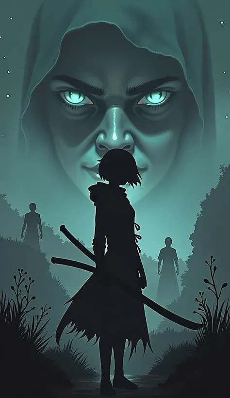 The image shows a dark and mysterious landscape, with elongated shadows and blurred figures in the distance. In the center of the image, You can see the silhouette of a hooded figure of a girl with a short haircut and a samurai sword, with eyes shining in ...