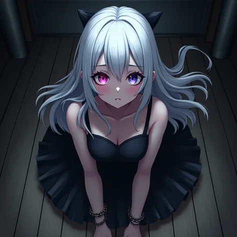 Anime girl, white hair with black roots, eyes with heterochromia with one pink eye and the other purple eye, in a dark room, wooden floor, chained.