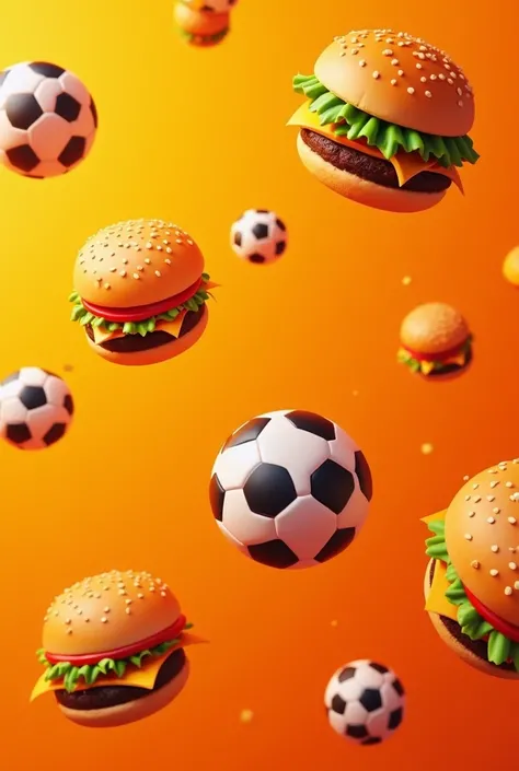 Create me a wallpaper that has hamburgers and soccer balls spread out and with an orange background 