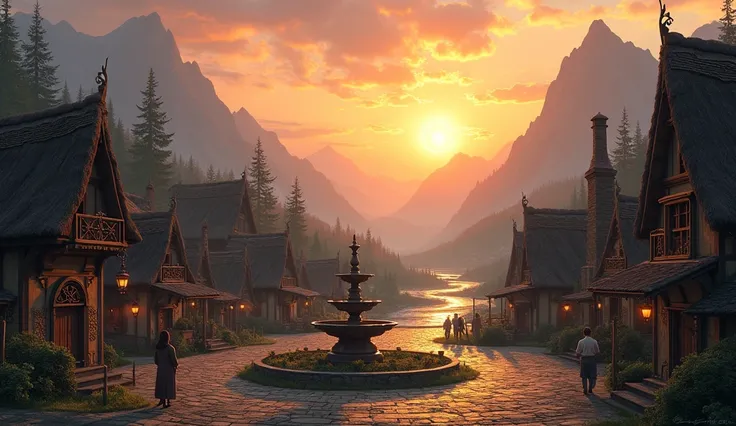 The sun sets behind the mountains, casting a golden hue over the ancient village. The air is filled with the scent of pine and the distant sound of a flowing river. The village itself has cobblestone streets, quaint cottages with thatched roofs, and a cent...