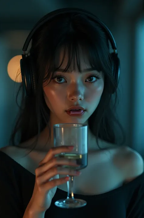 A girl aesthetic pic, dark background, headphone and tops wearing,glass,chewing gum