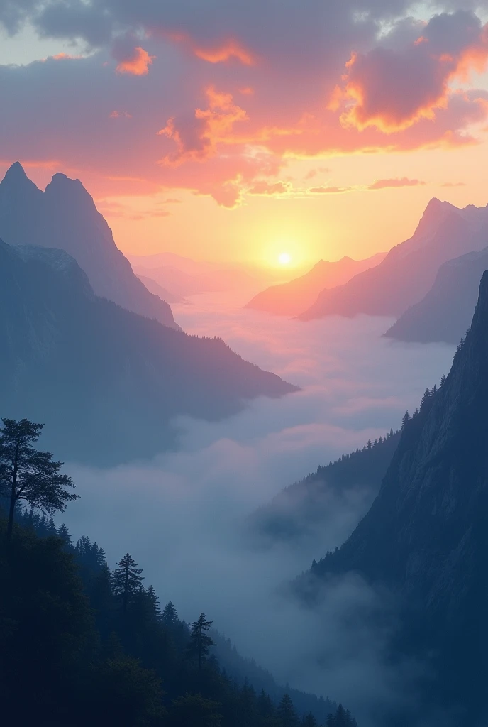 Create a beautiful sunrise over misty mountains 