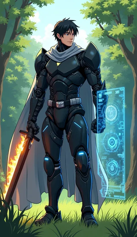 Create an image of a young man with black hair and a muscular build, wearing full-body high-tech black robotic armor with glowing blue high-tech patterns decorating parts of the armor. He is also wearing a gray cloak over his shoulders and a gray high-tech...