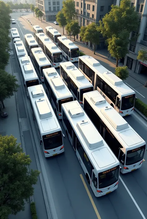 Generate an aerial view a real life image of group of about 10 of white BRT buses.
Let it be on the right hand side