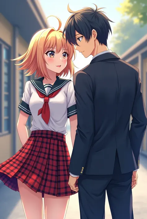 Anime Boy Crossdressing in a Plaid Skirt and Short Sleeve school girl uniform with his friend in a suit