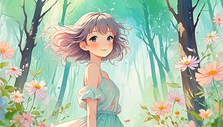 watercolor anime style, (Floral) digital art,pastel light color background, Cute art, blown by the wind, beautiful forest